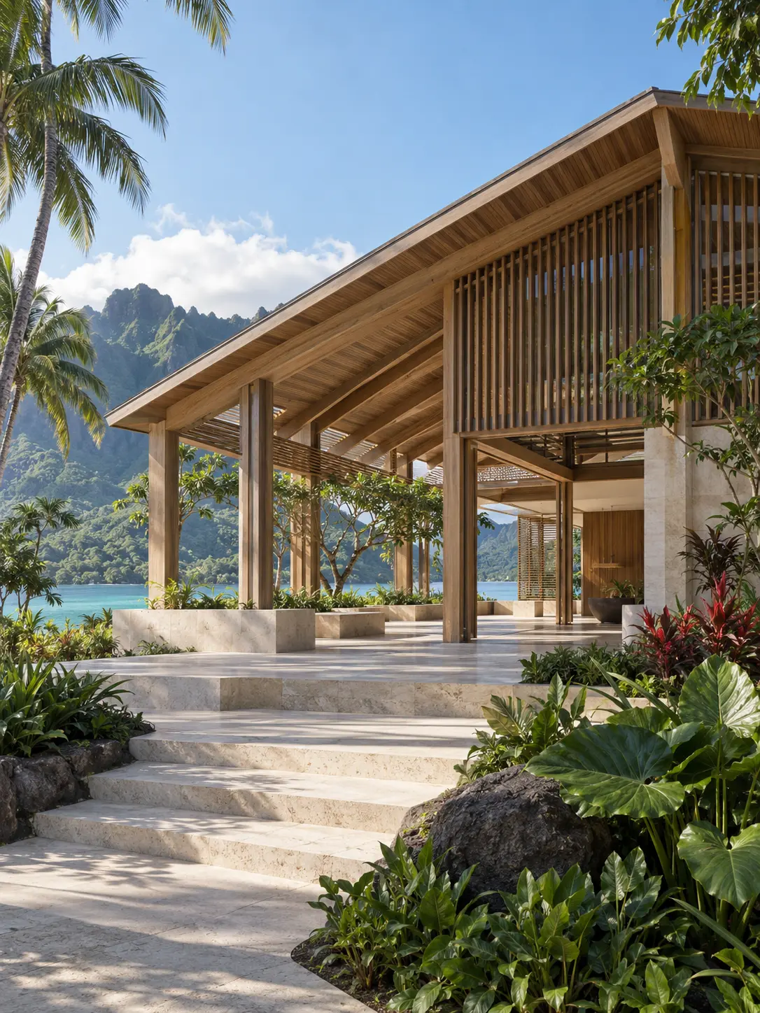 Illustration d’un pavillon tropical entre végétation luxuriante et lagon
