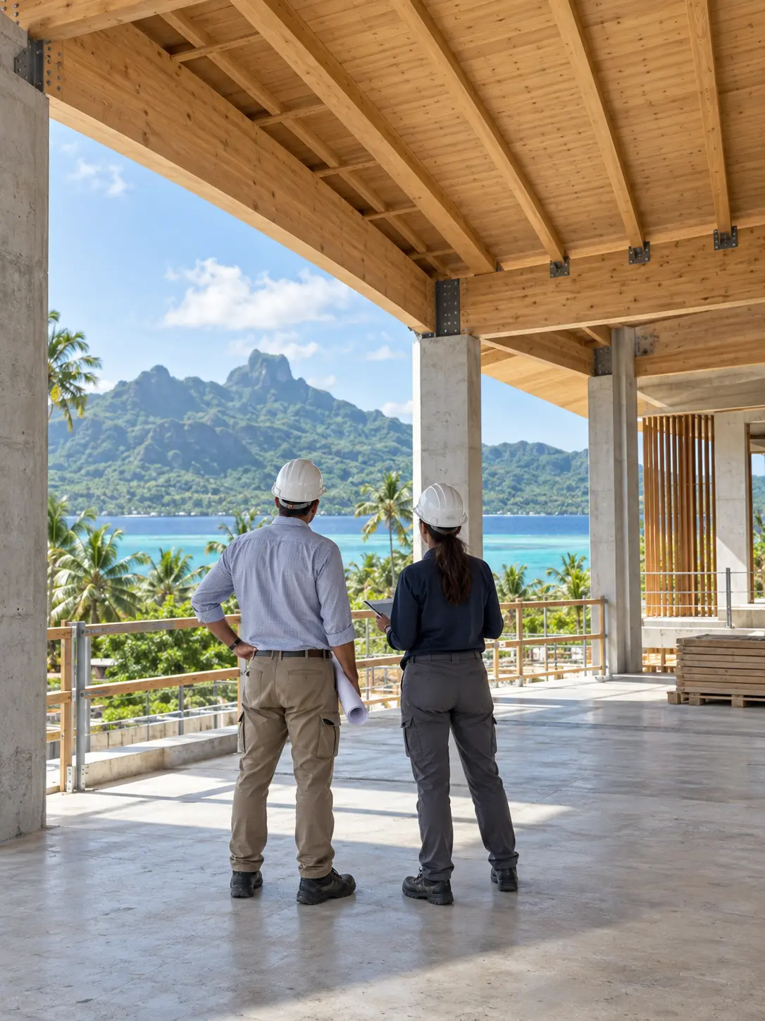 Illustration de professionnels casqués sur un chantier tropical sécurisé, face au lagon