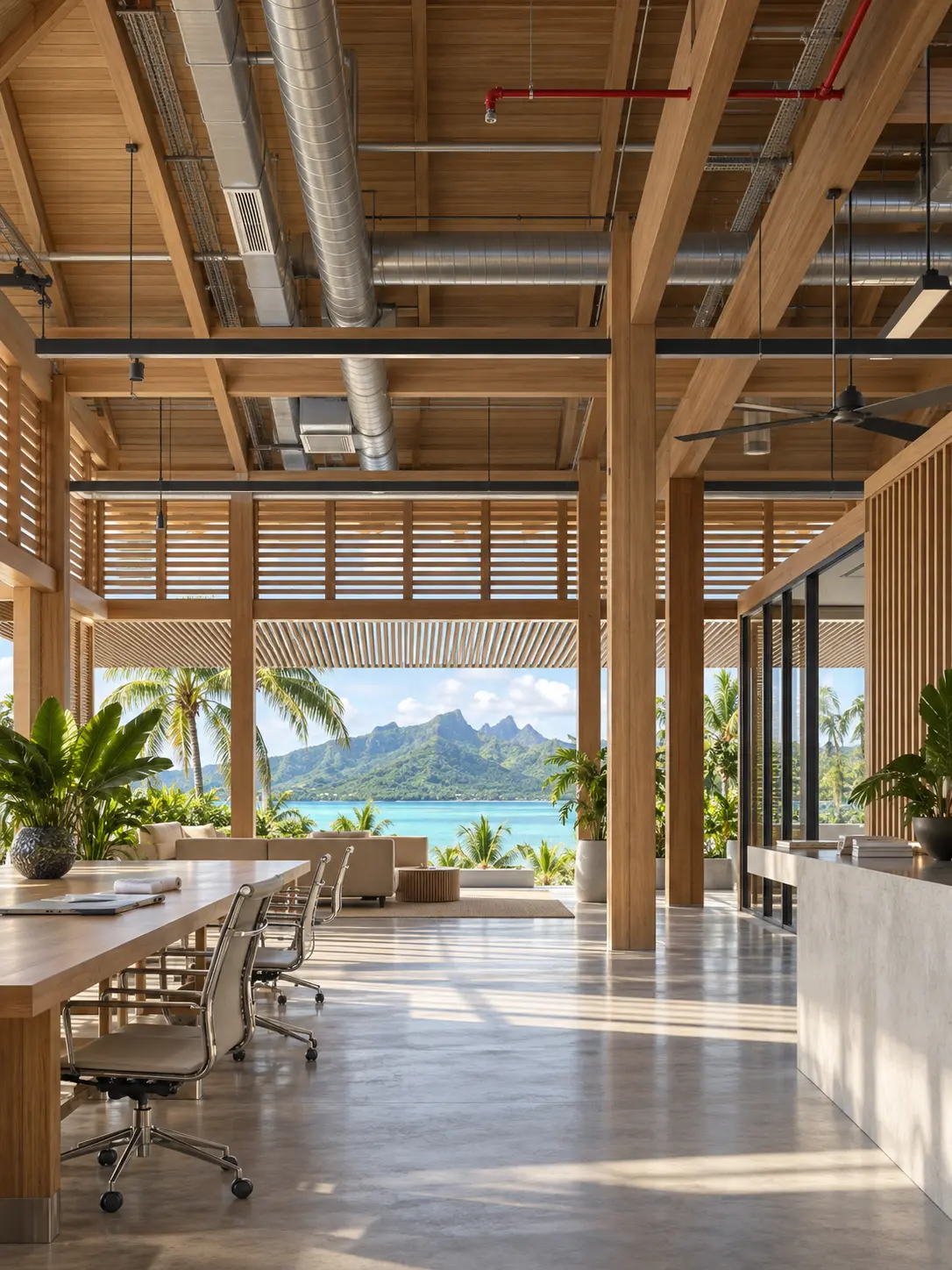 Illustration de réseaux techniques intégrés dans un bâtiment tropical ouvert sur le lagon