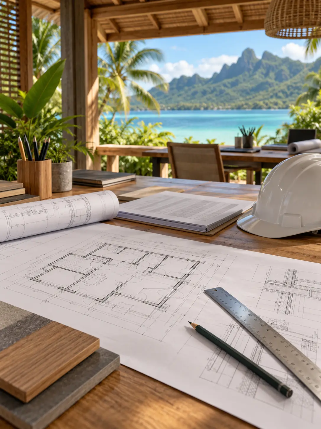 Illustration de plans et documents de chiffrage dans un bureau d’études tropical